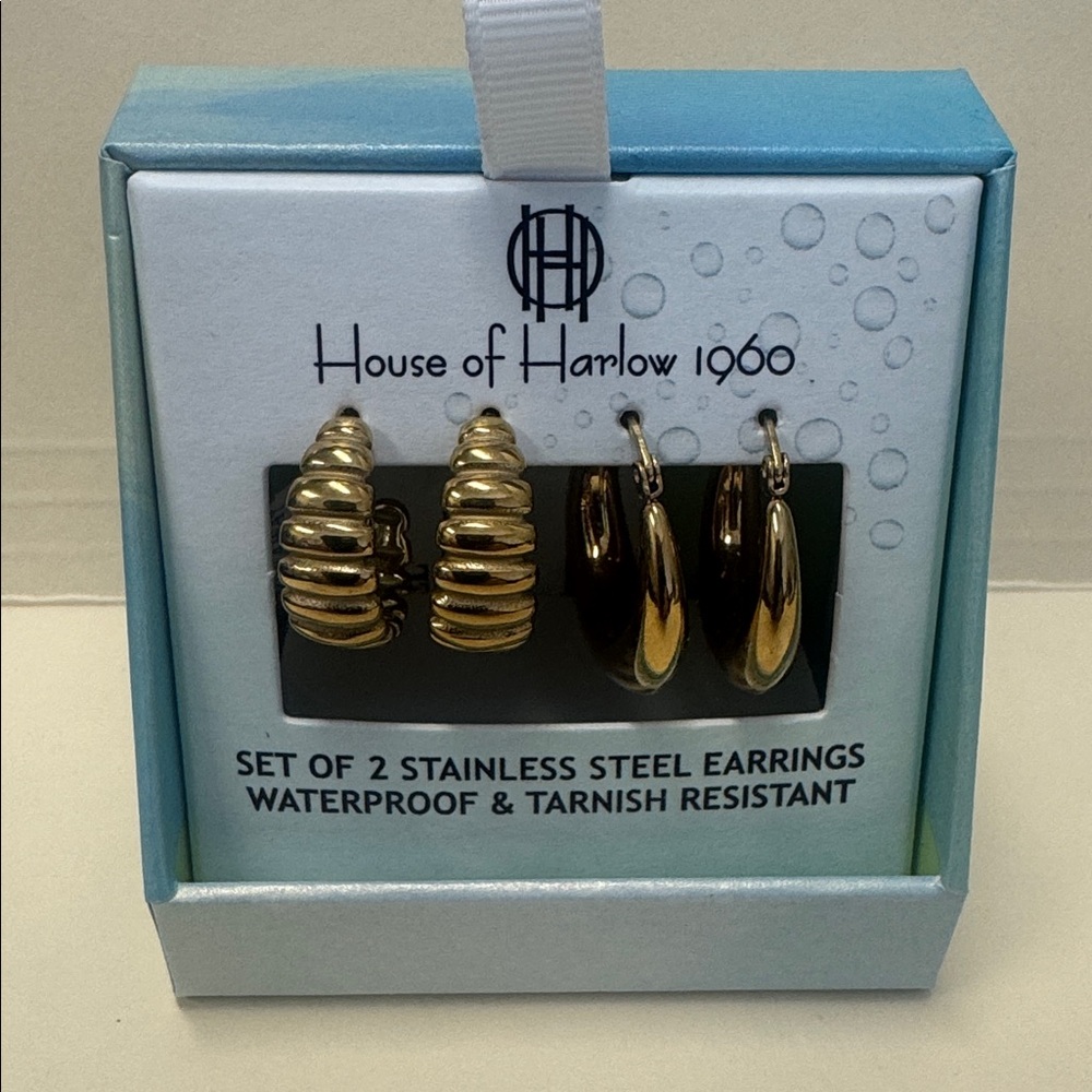 HOUSE OF HARLOW Set of 2 Gold Tone Stainless Steel Hoop Earrings $75 NIB